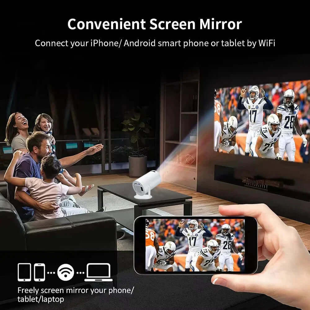 Family enjoying movie night with Salange P300 portable 4K projector showcasing screen mirroring from a smartphone.
