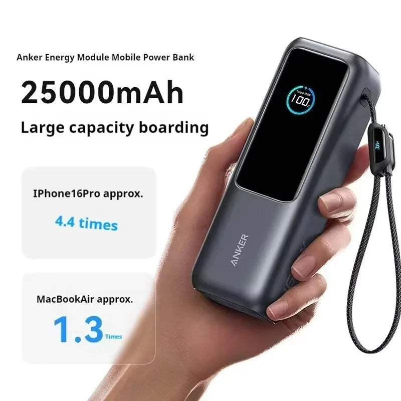 Anker 25000mAh portable charger with large capacity for iPhone 16 Pro and MacBook Air.