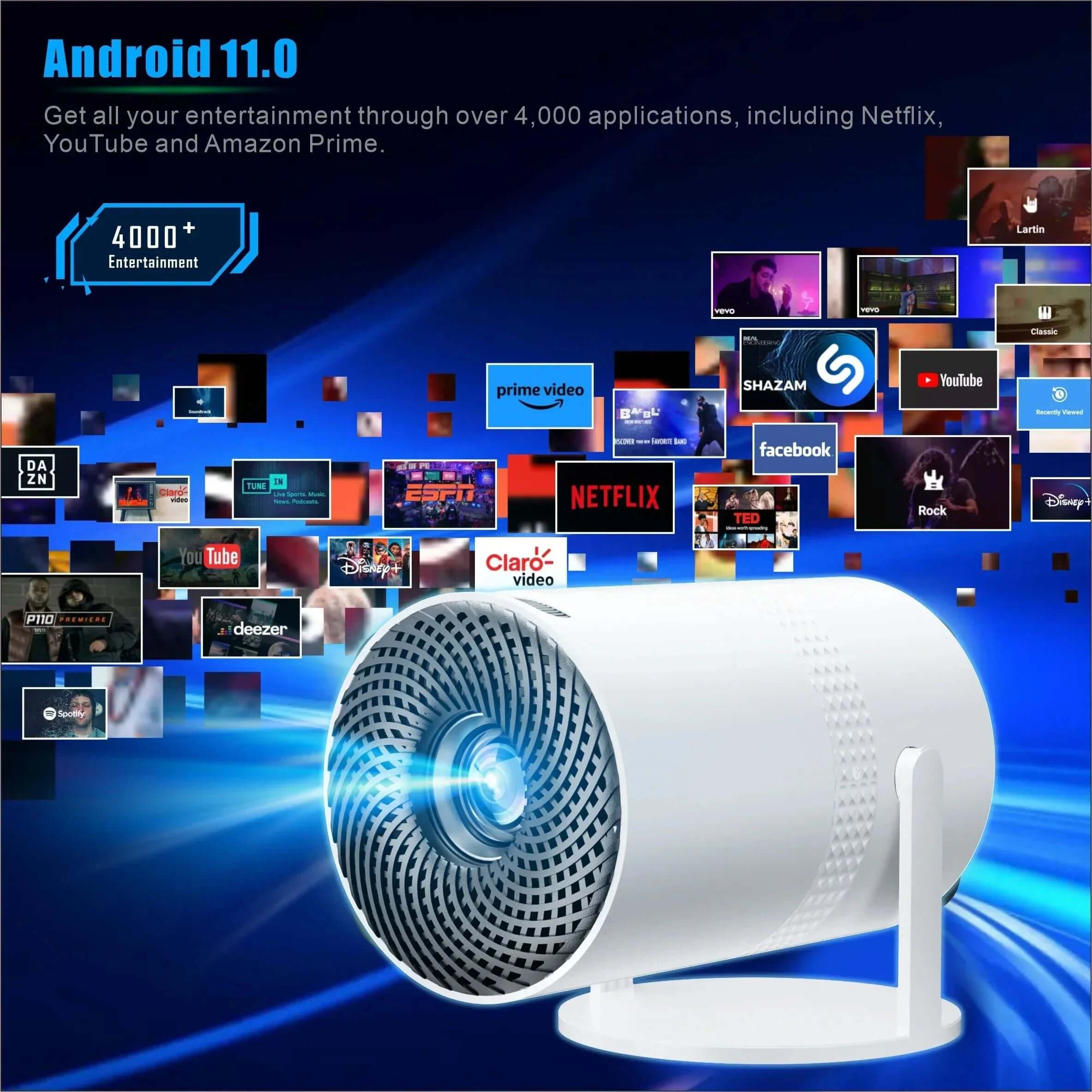 Salange P300 portable 4K projector showcasing Android 11 and over 4,000 app compatibility including Netflix and YouTube.
