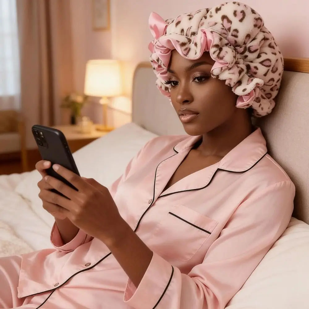 soft hair drying cap on a woman wearing pajamas, using her phone while relaxing in bed.