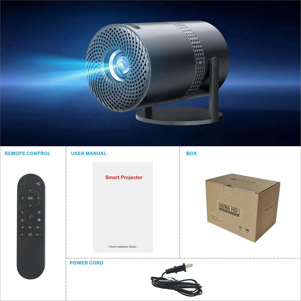 Salange P300 portable 4K projector with remote control, user manual, power cord, and box, showcasing home theater essentials.