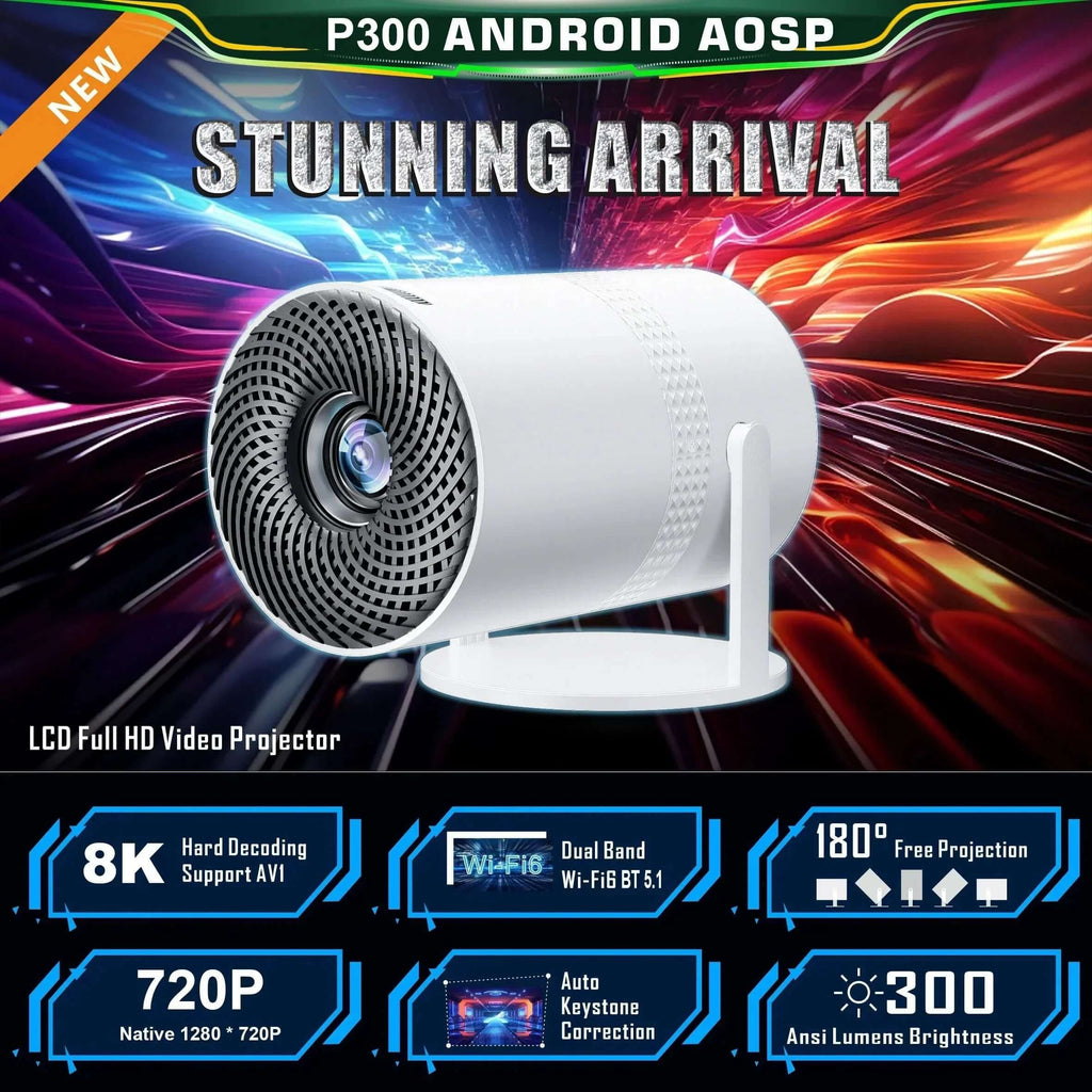 Salange P300 Mini Portable Projector featuring 4K 8K video decoding, 720P HD resolution, and Android 11, ideal for portable 4K projector.