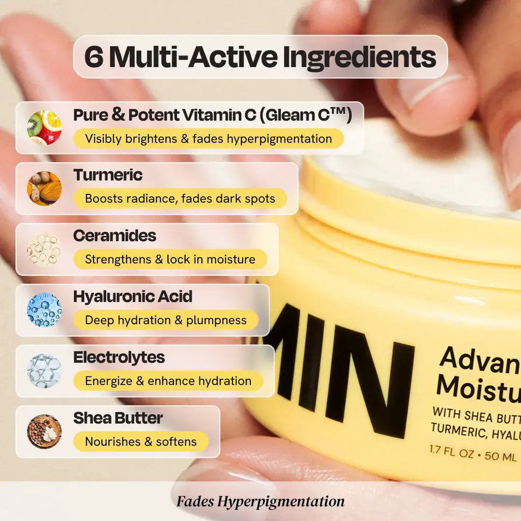 6 multi-active ingredients in Advanced Brightening Moisturizer, including Vitamin C, Turmeric, and Shea Butter.