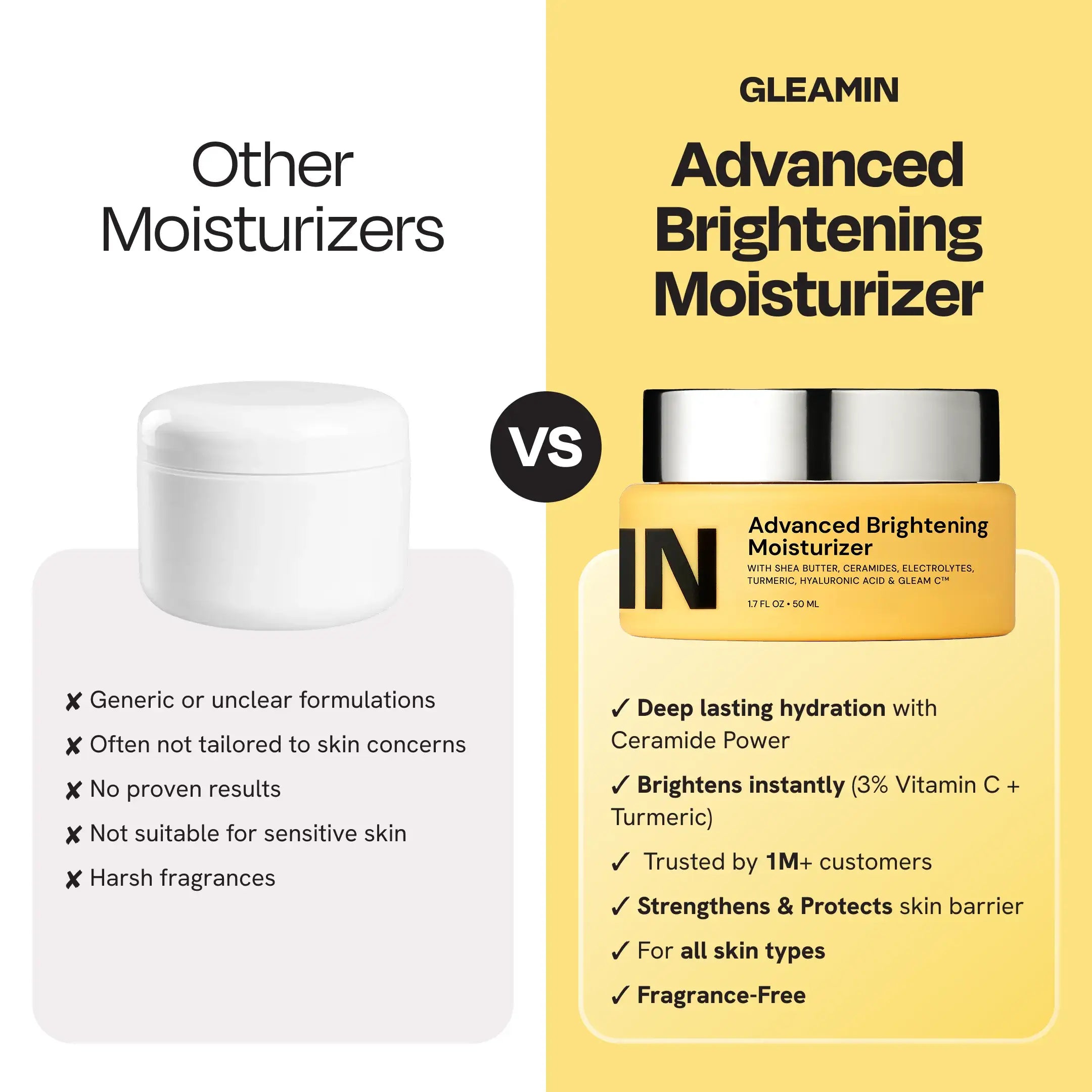 Comparison of Other Moisturizers vs Advanced Brightening Moisturizer by Gleamin highlighting benefits and ingredients.