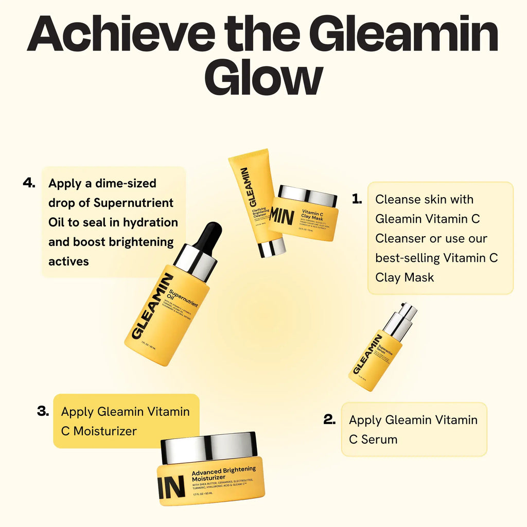 Achieve the Gleamin Glow with Gleamin products including Advanced Brightening Moisturizer, Serum, and Oil