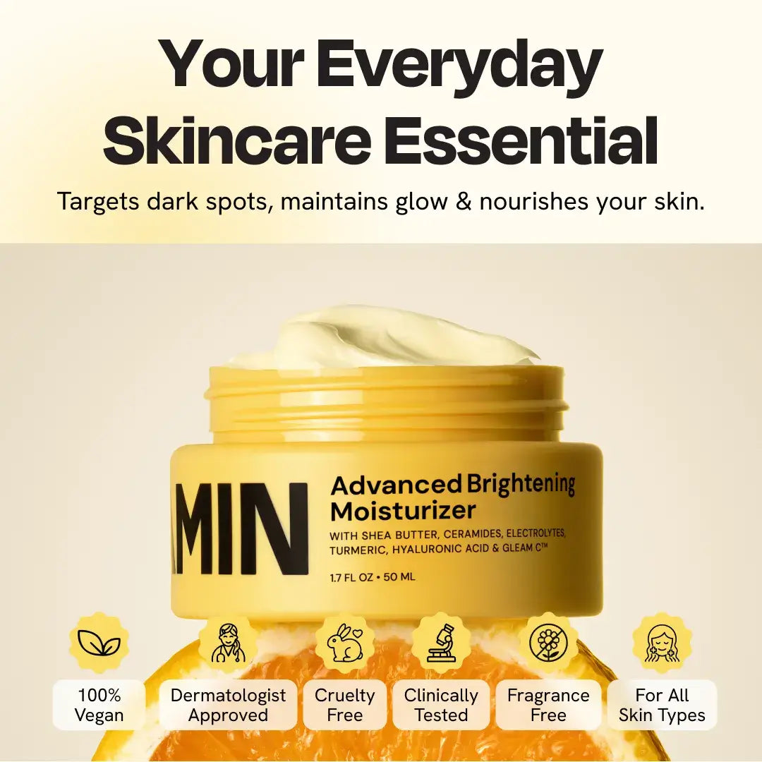 Advanced Brightening Moisturizer for radiant skin with shea butter and hyaluronic acid in a skincare jar.