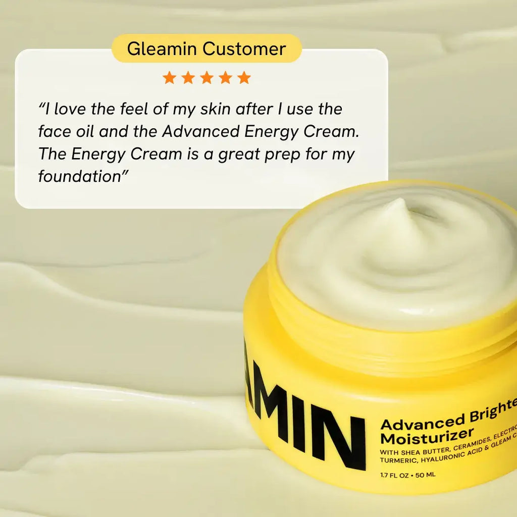 Advanced Brightening Moisturizer in yellow jar with customer review highlighting its hydrating and skin prep benefits.