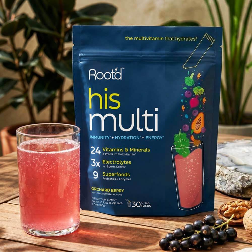Root'd His Multi - daily multivitamin drink for men with vitamins, electrolytes, and superfoods in Orchard Berry flavor.