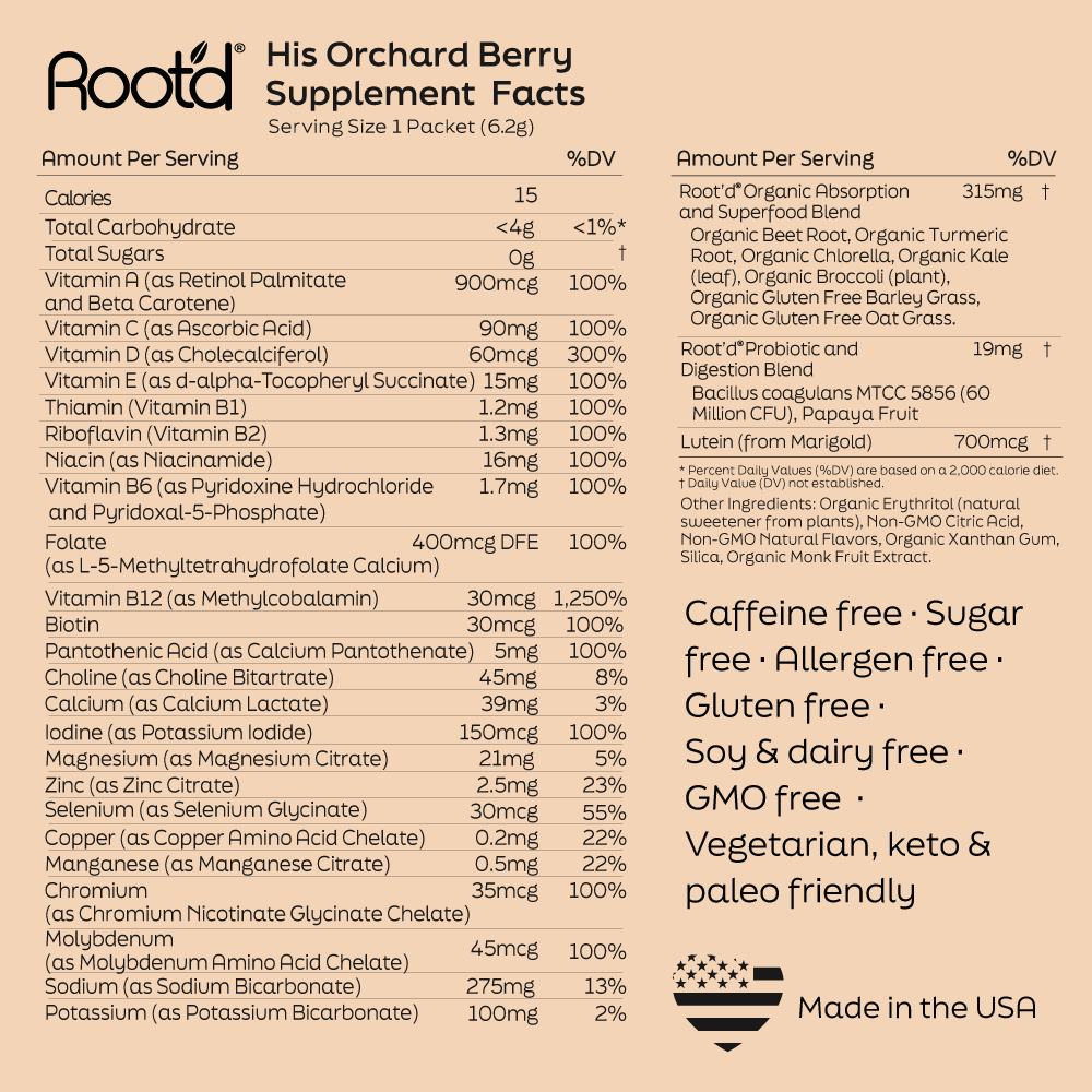 Root'd His Orchard Berry Supplement Facts for daily multivitamin drink for men, highlighting essential nutrients and benefits.