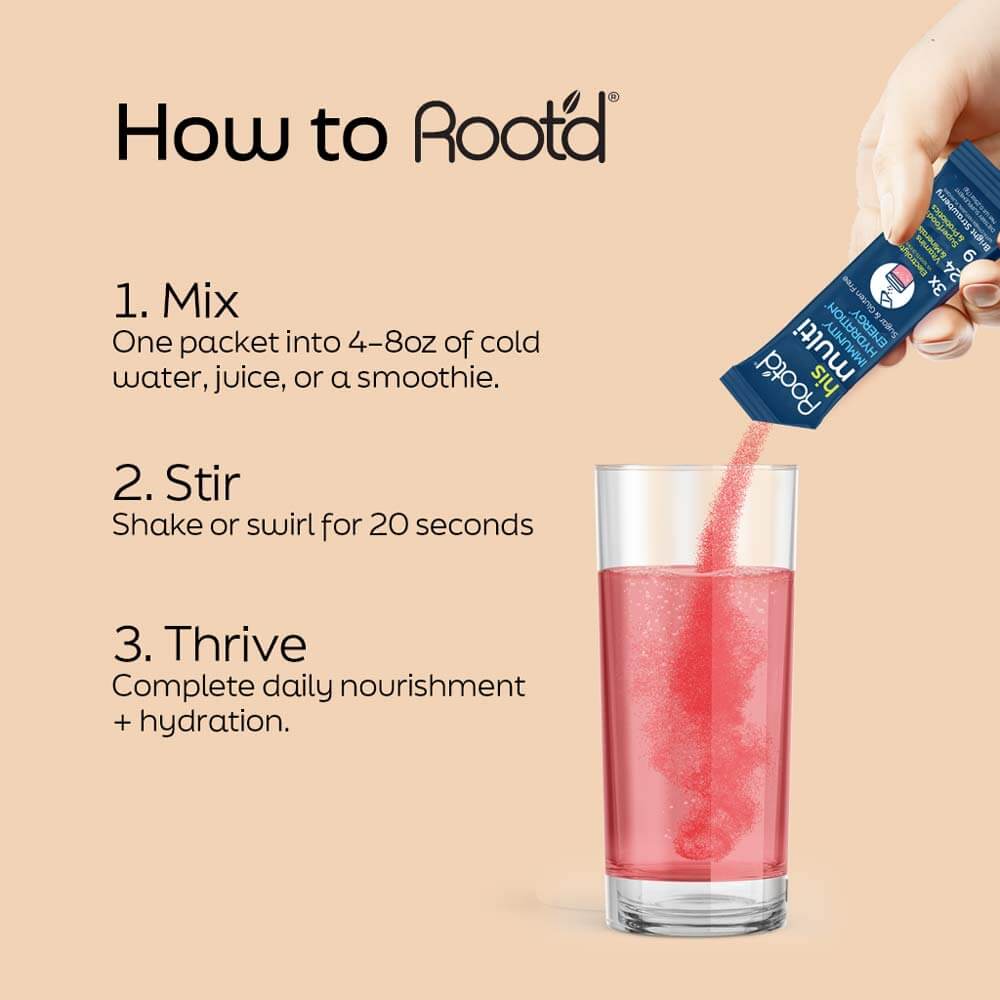 How to mix Root'd His Multi daily multivitamin drink for men with water for complete daily nourishment.