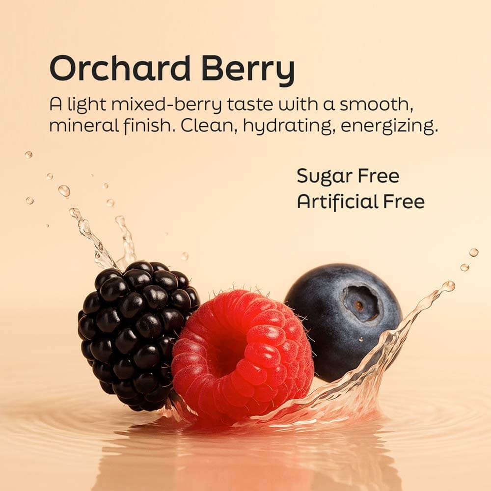 Orchard Berry flavor image featuring berries splashing in water, promoting sugar-free, energizing hydration.