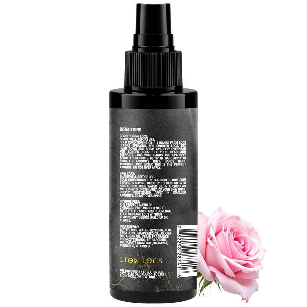 Rose Water Spray bottle with directions for use, featuring a pink rose beside it.