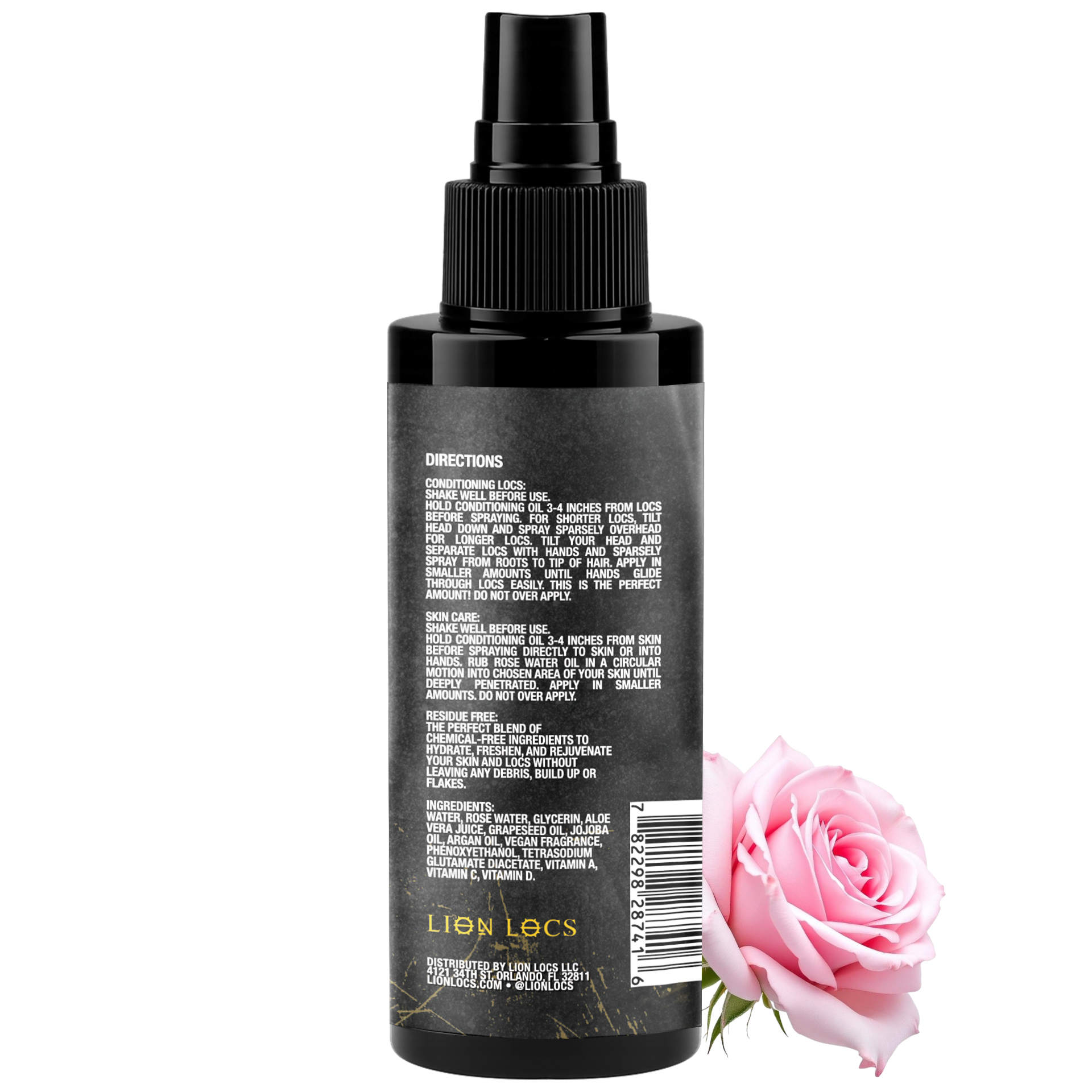 Rose Water Spray bottle with directions for use, featuring a pink rose beside it.