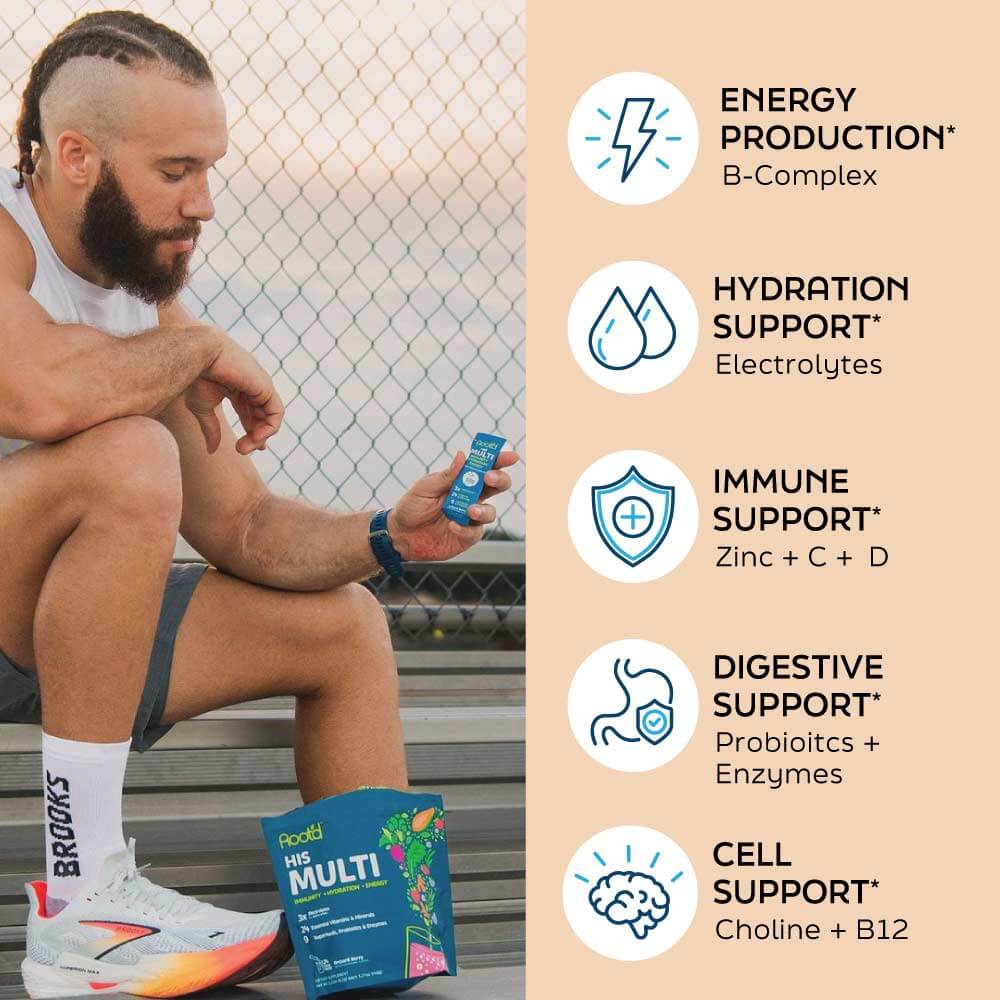 daily multivitamin drink for men featuring Root’d His Multi with energy and hydration support benefits