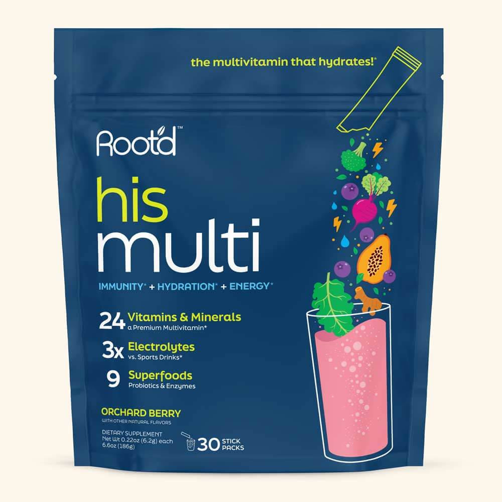 Root'd His Multi daily multivitamin drink for men in Orchard Berry flavor, featuring electrolytes and superfoods.