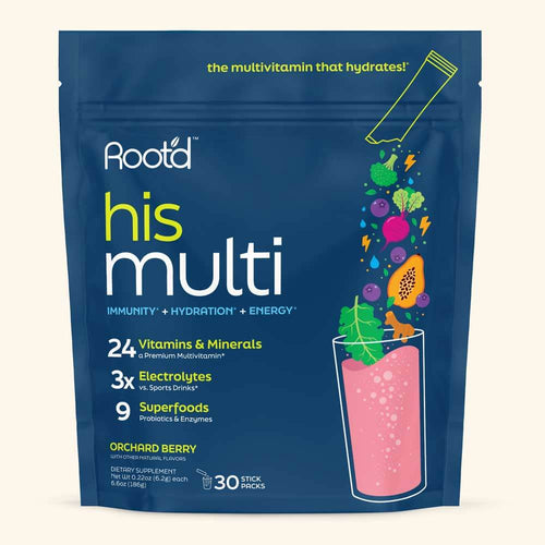 Root'd His Multi daily multivitamin drink for men in Orchard Berry flavor, featuring electrolytes and superfoods.