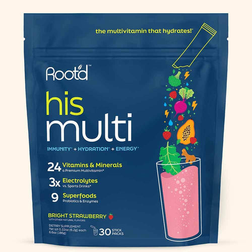 Root'd His Multi packaging for daily multivitamin drink for men, featuring vitamins, minerals, and superfoods.