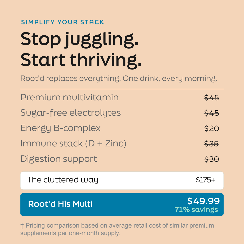 Image comparing daily multivitamin drink for men with savings on Root'd His Multi.