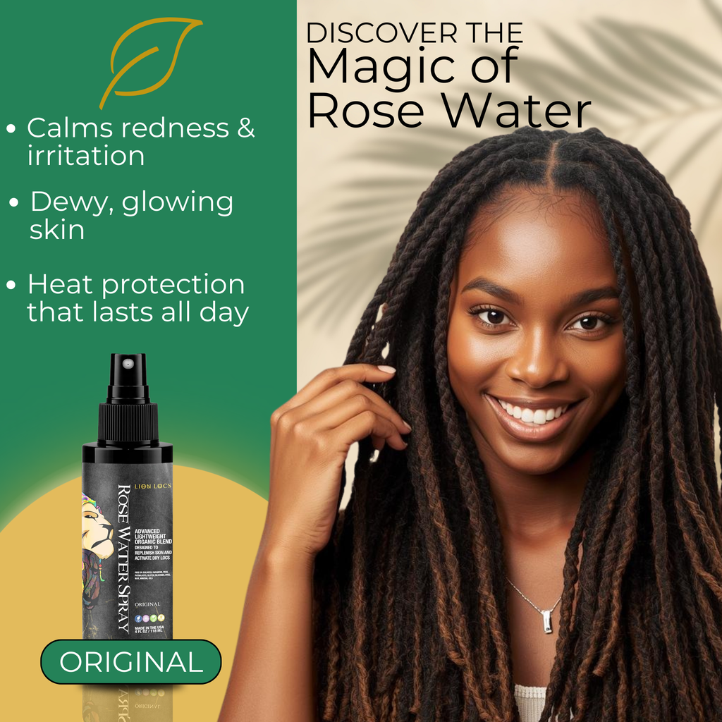 Rose Water Spray bottle with a woman showcasing dewy skin, highlighting hydration and all-natural ingredients.