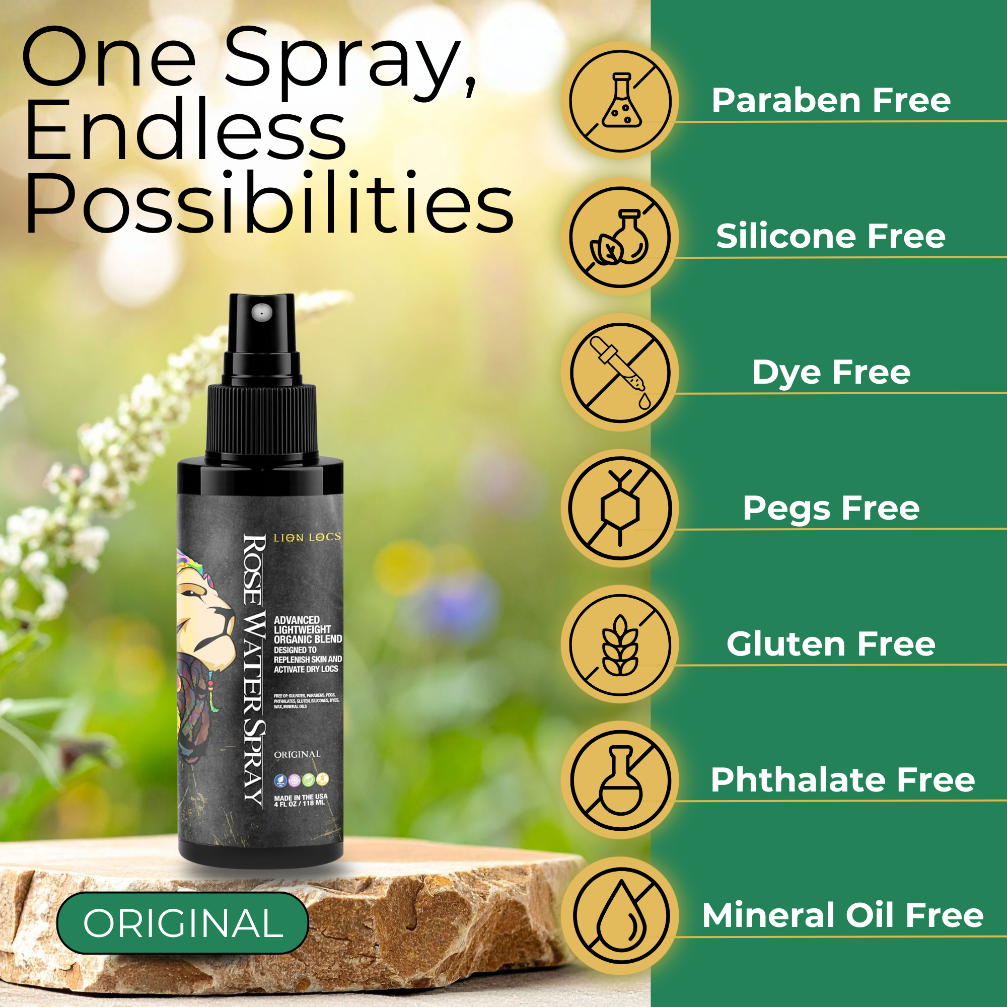 Rose Water Spray bottle showcasing paraben-free, silicone-free, and dye-free benefits for refreshing hair.