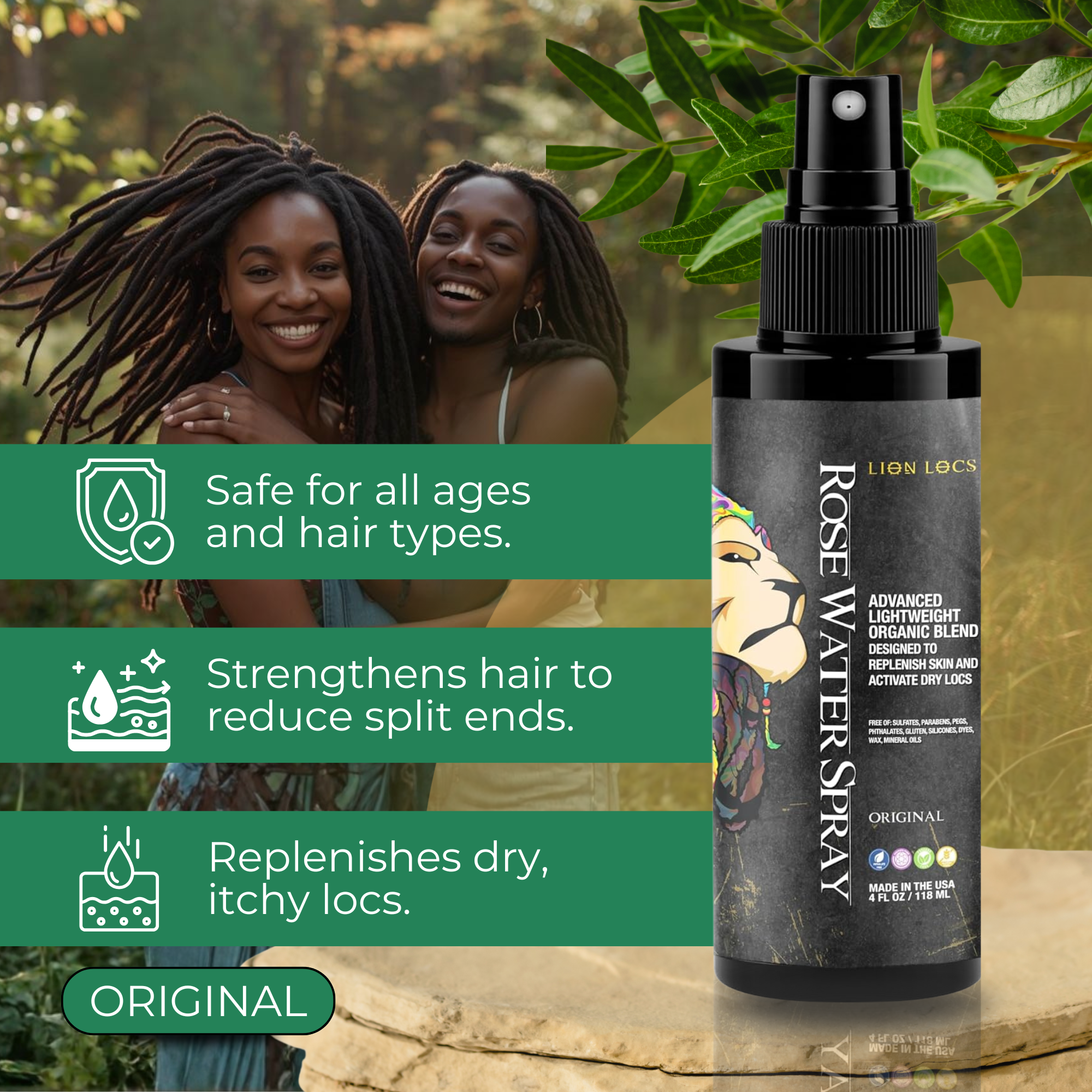 Rose Water Spray bottle with women showcasing healthy hair, emphasizing hydration and nourishment for all hair types.