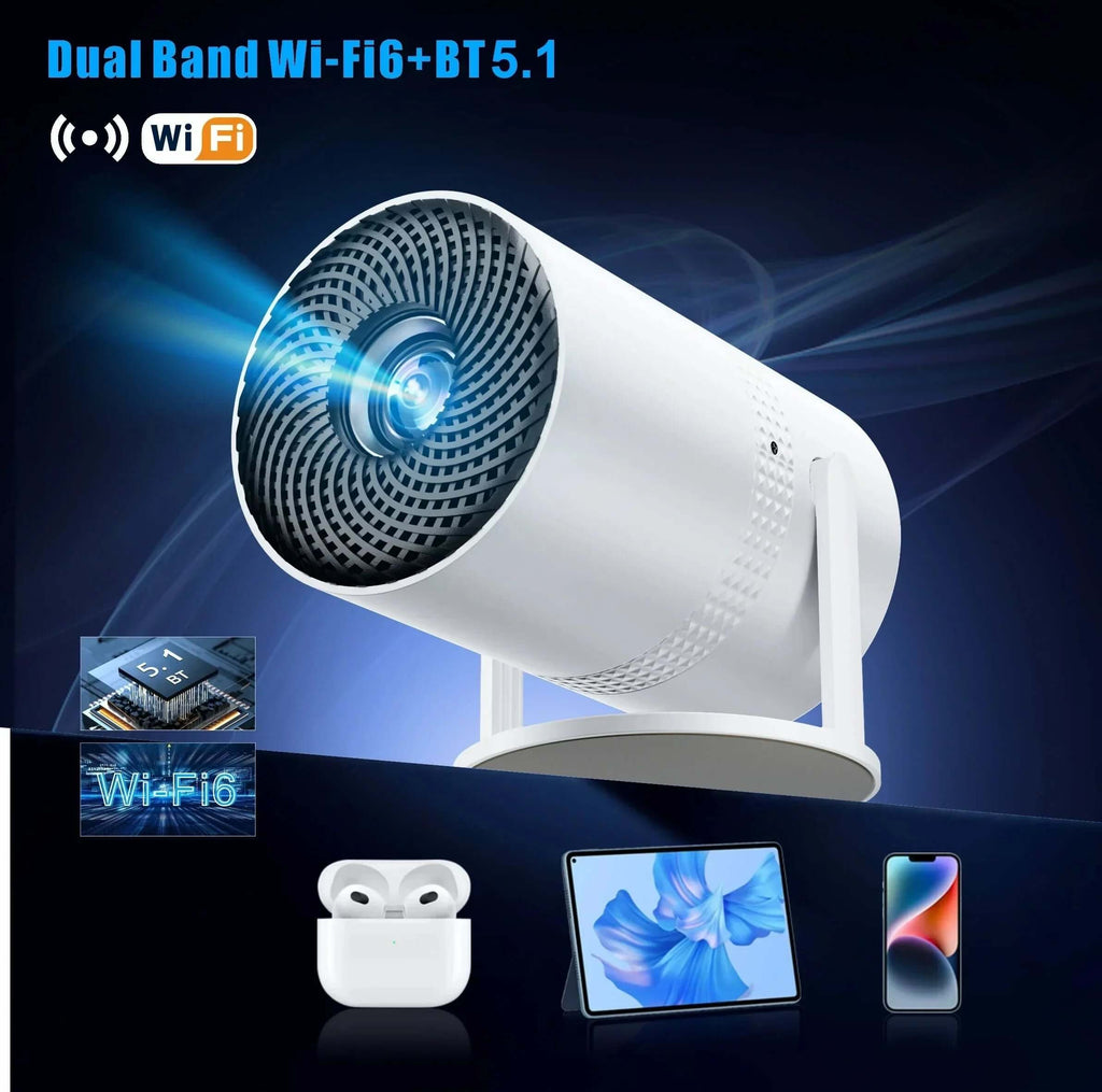 Portable 4K projector featuring dual band Wi-Fi 6 and Bluetooth 5.1 for seamless connectivity and streaming.