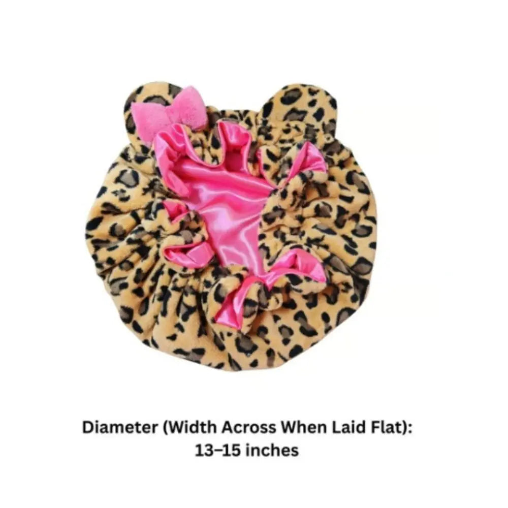 Soft hair drying cap in leopard print with bowknot, measuring 13-15 inches in diameter when laid flat.