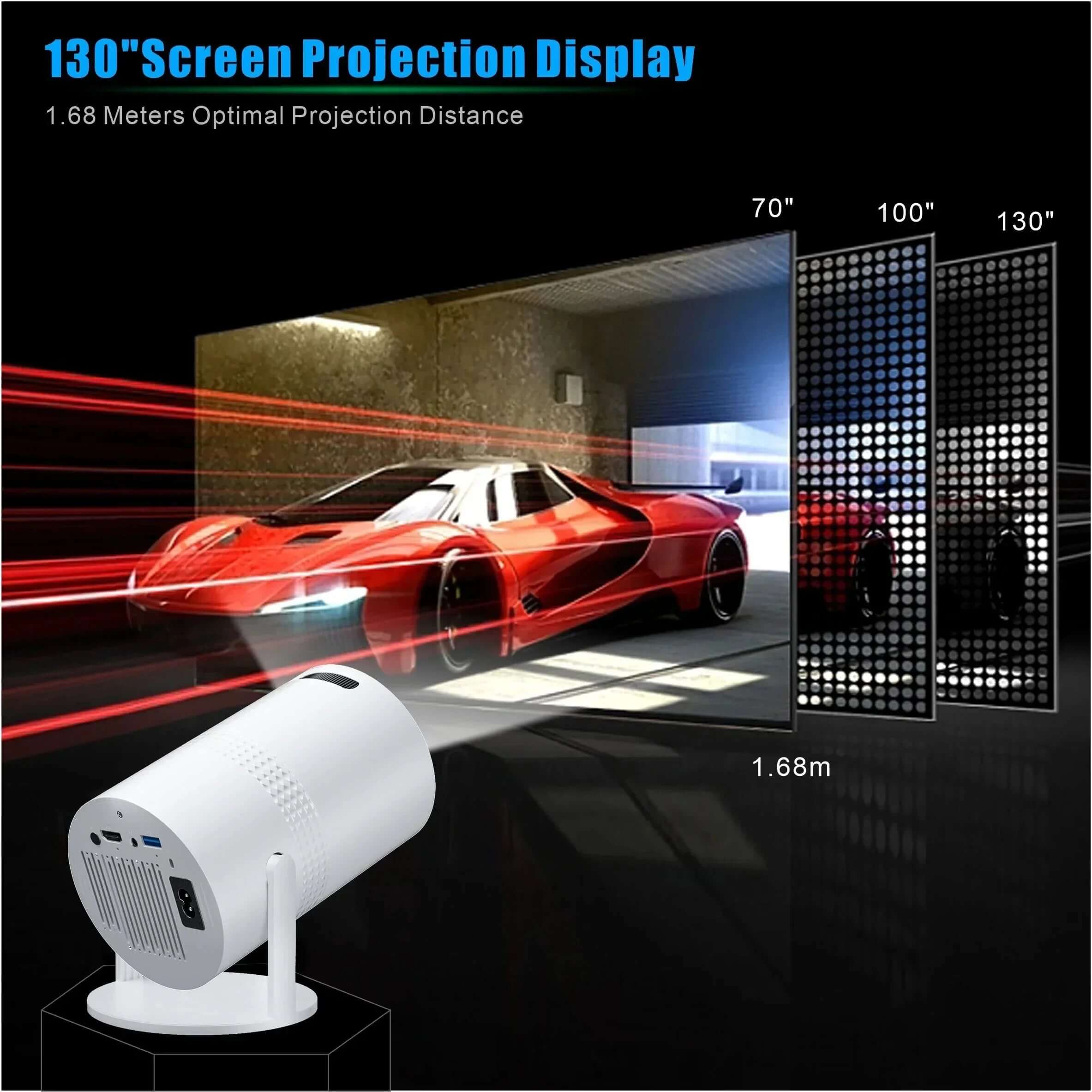 Portable 4K projector displaying a 130-inch screen projection with a sports car in the background.