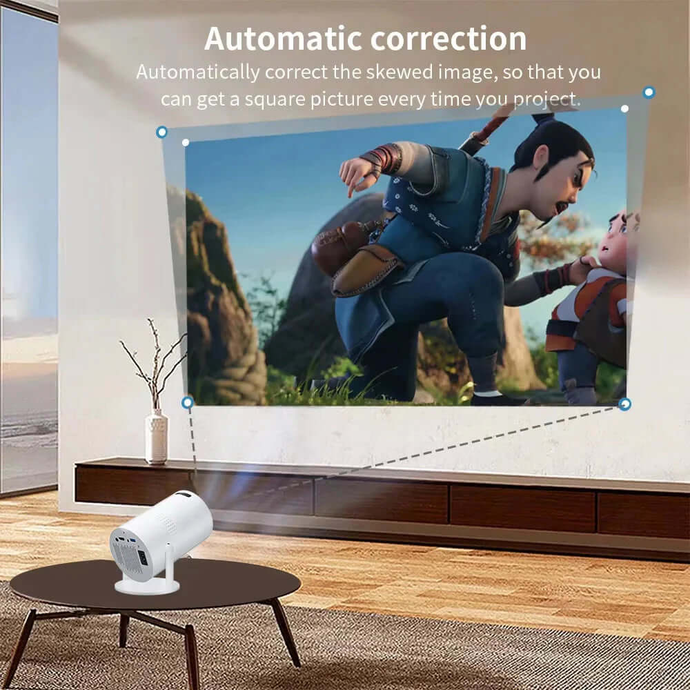 Salange P300 Mini Portable Projector showcasing automatic image correction feature on a living room wall.