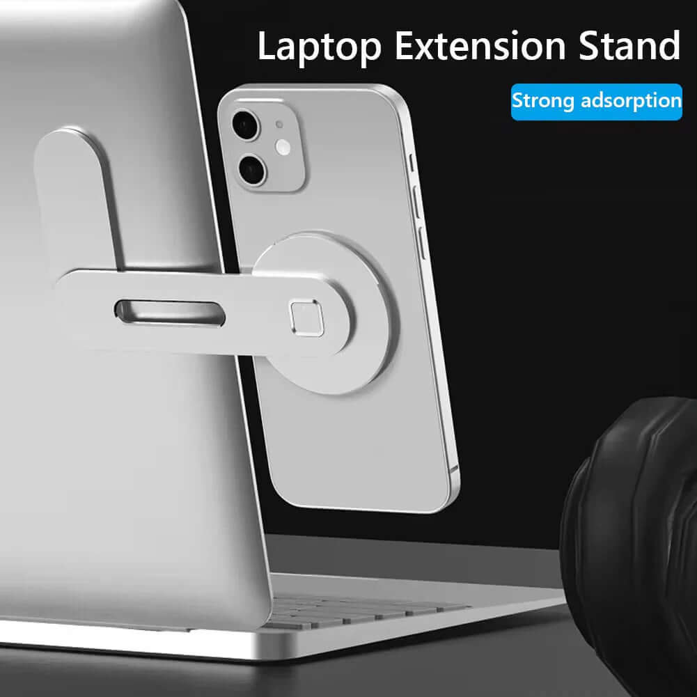 metal expansion phone stand for laptop attached to a laptop, showcasing its sleek design and strong adsorption.