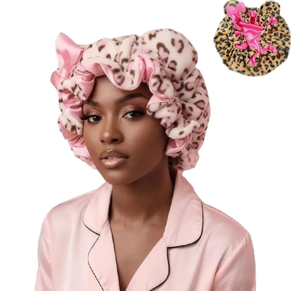 Soft hair drying cap with chic leopard print and bowknot, enhancing hair drying routine.